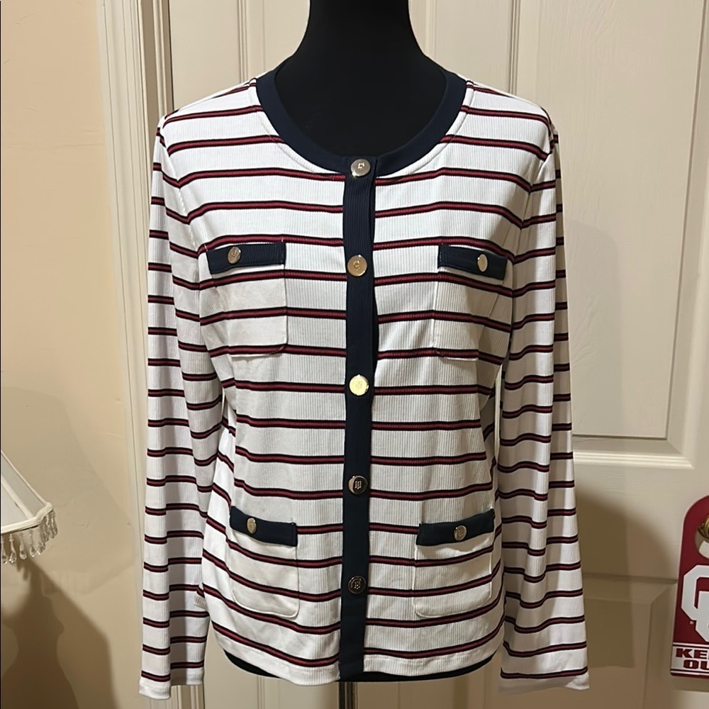 Tommy Hilfiger Red, White, and Navy Striped Blouse. Nearly new. Size Large